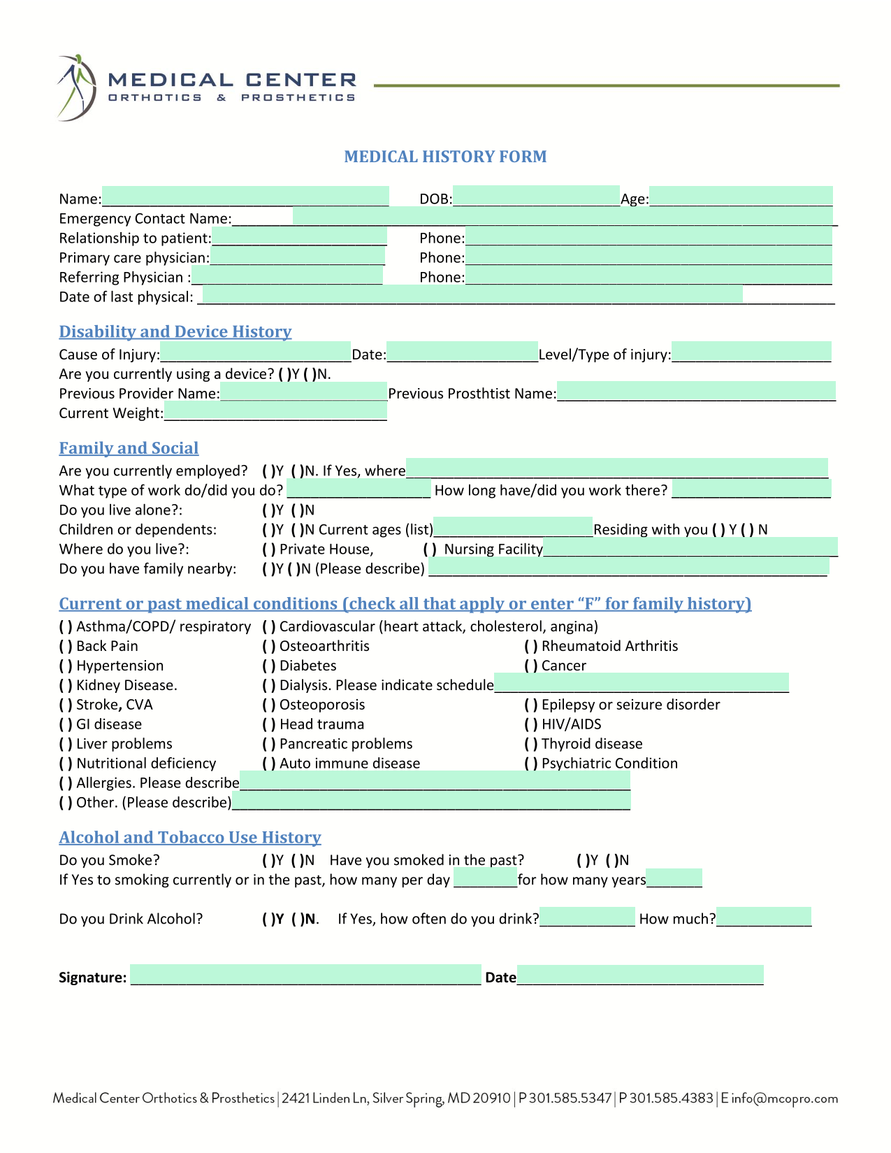 MEDICAL HISTORY FORM screenshot