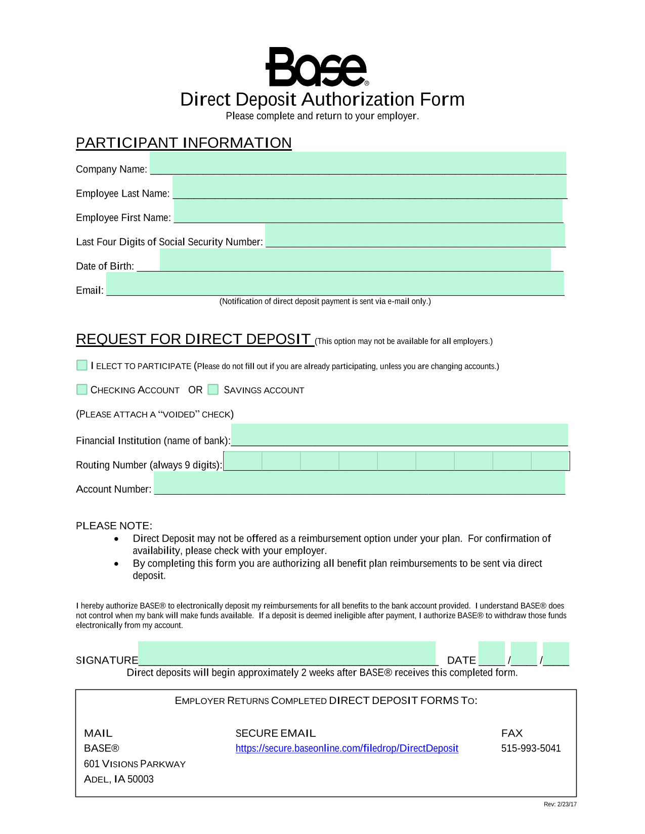 Direct Deposit Authorization Form screenshot