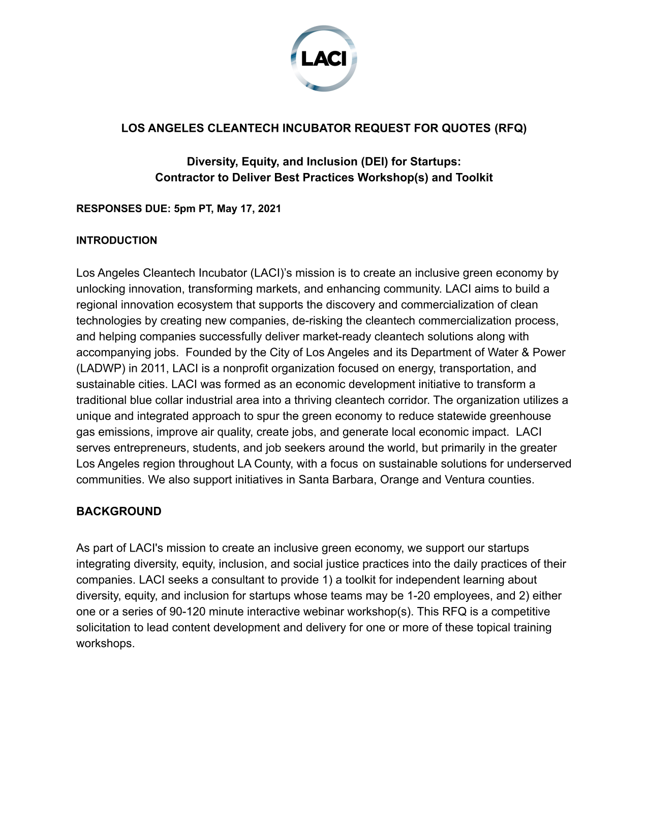 Los Angeles Cleantech Incubator Request For Quotes (RFQ) screenshot