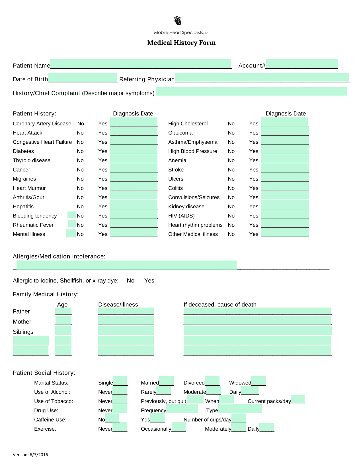 Medical History Form screenshot