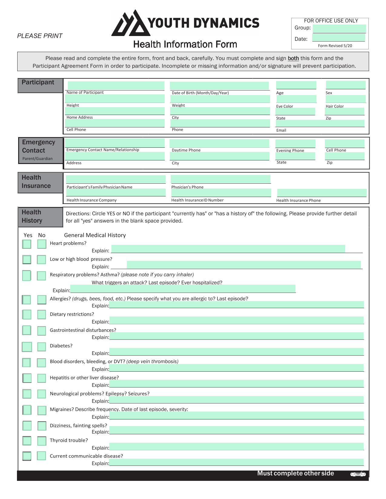 Health Information Form screenshot
