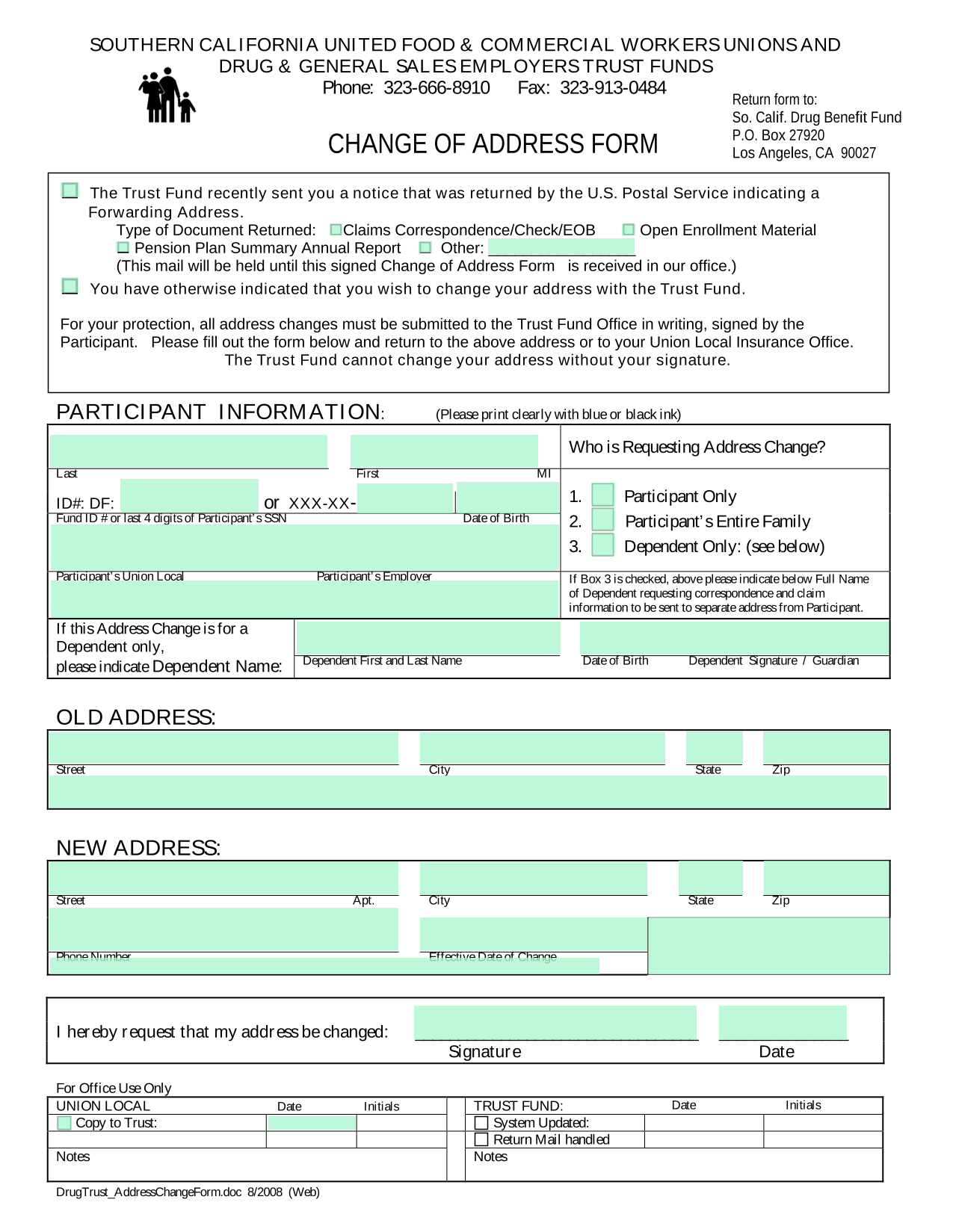 Change Of Address Form screenshot