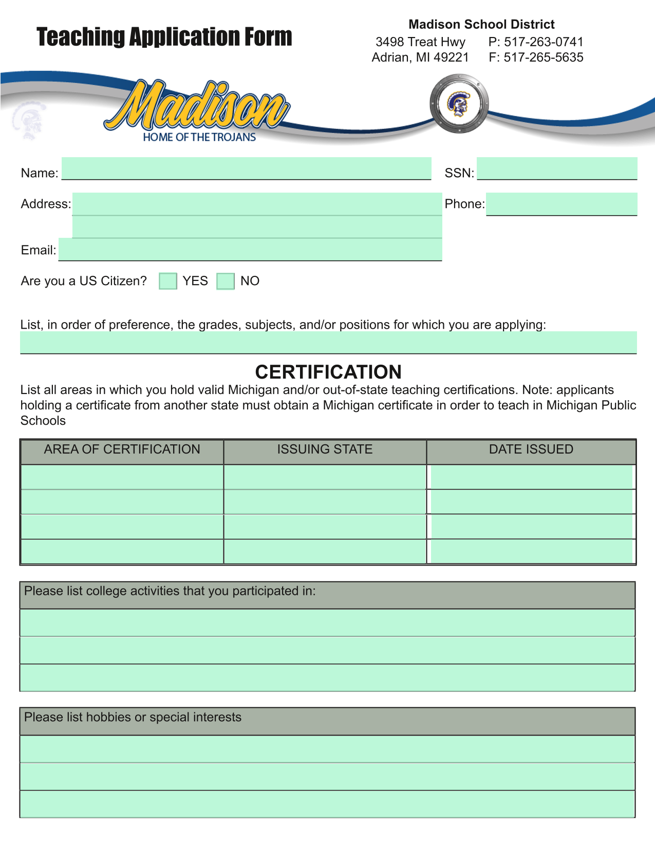 Teaching Application Form screenshot