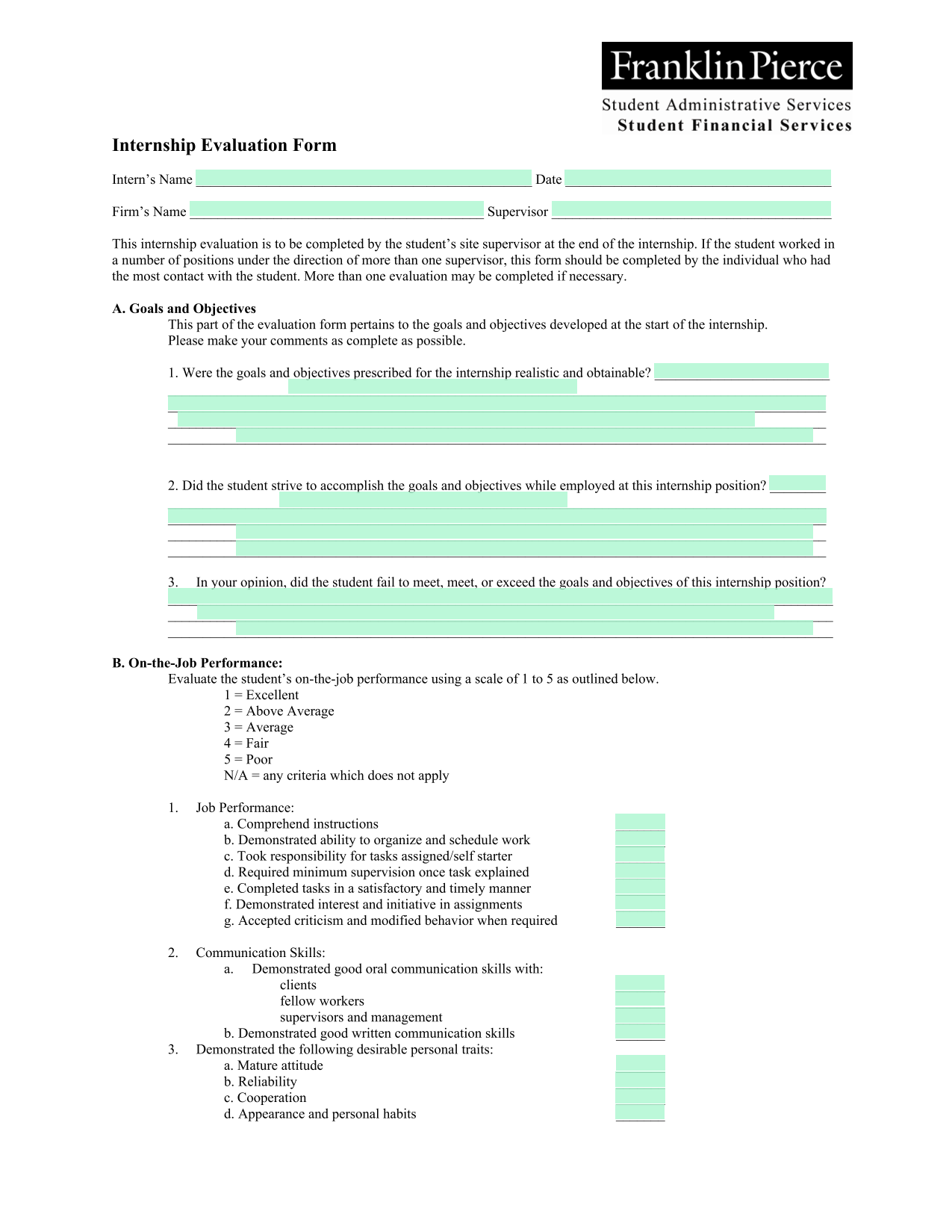 Internship Evaluation Form screenshot
