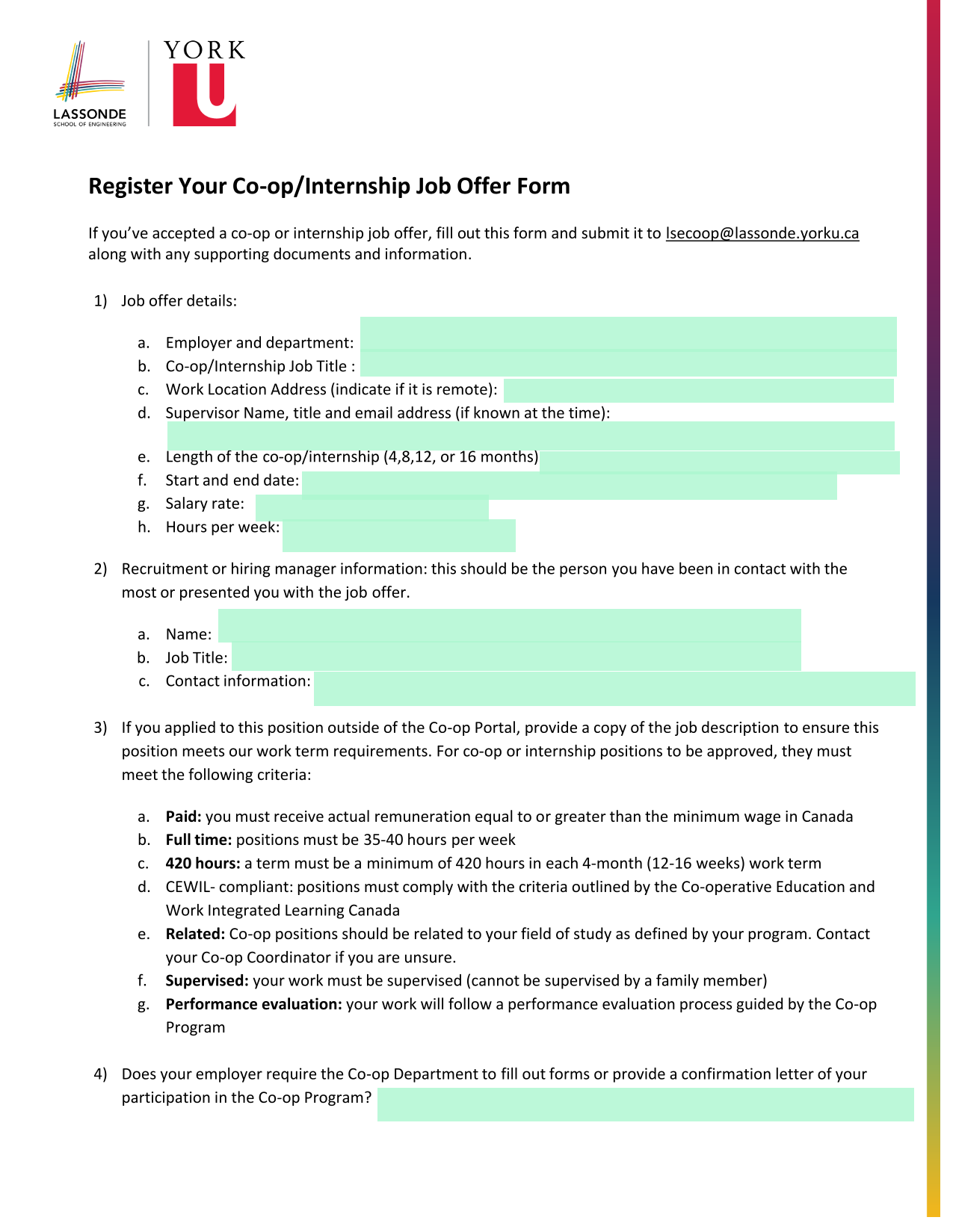 Register Your Co OpInternship Job Offer Form screenshot