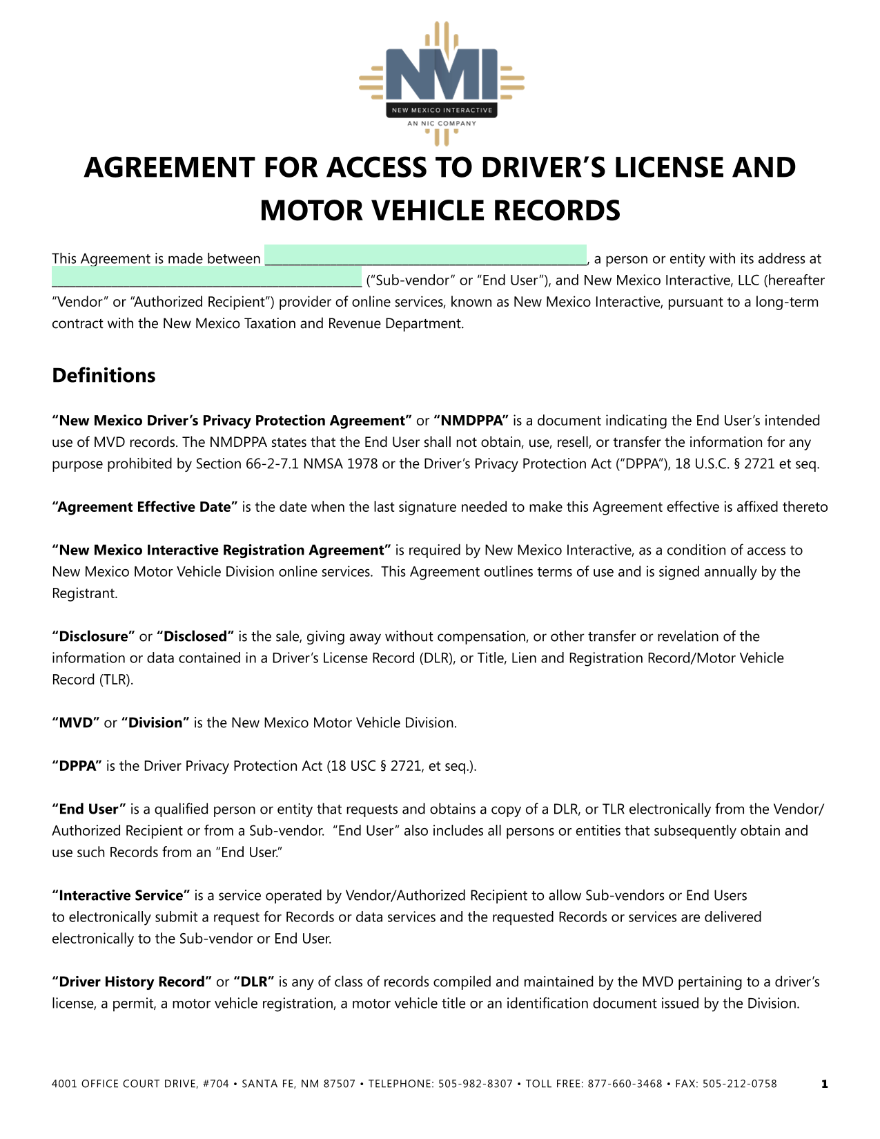 Agreement For Access To DriverS License And Motor Vehicle Records screenshot