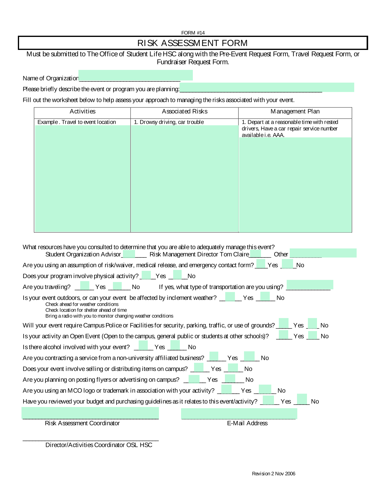 RISK ASSESSMENT FORM screenshot