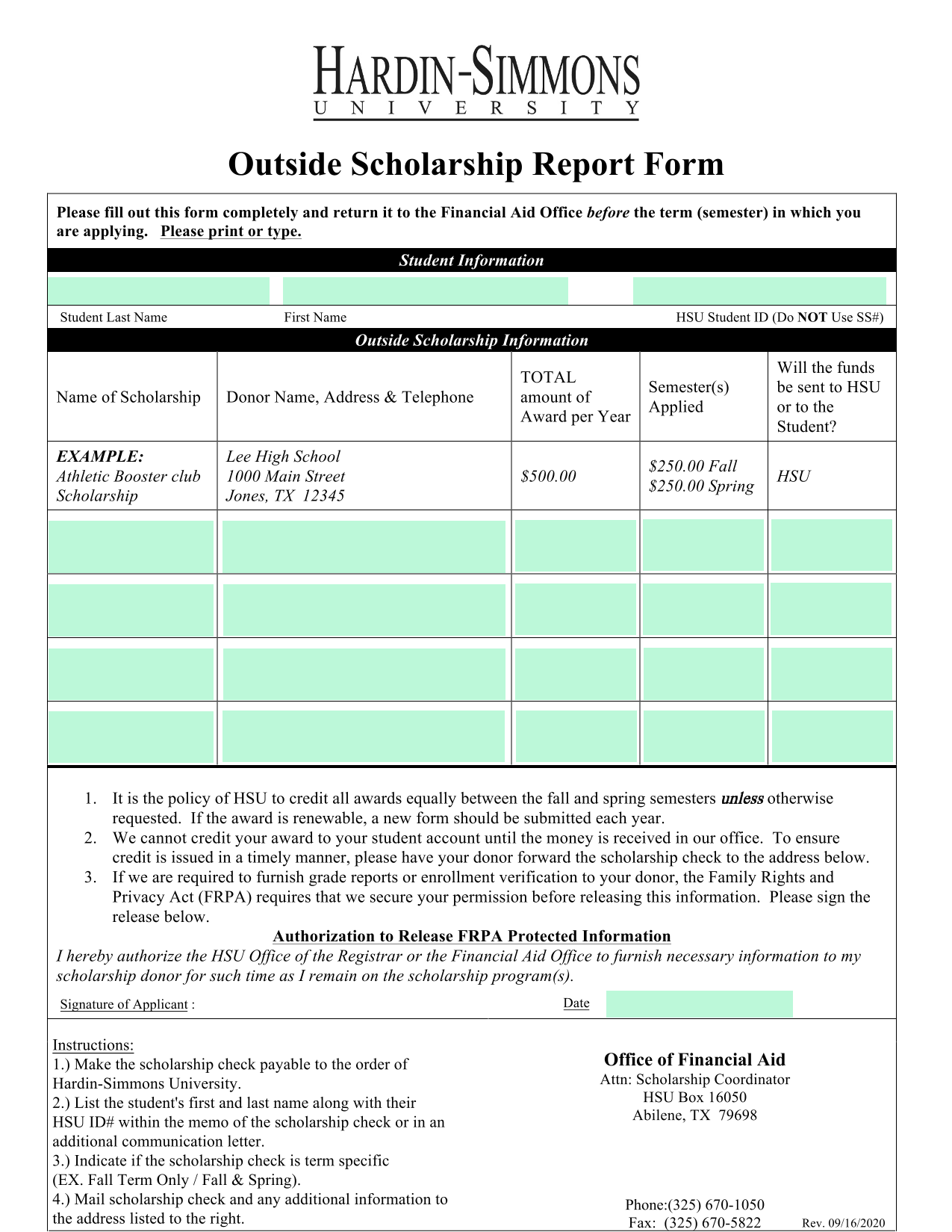 Outside Scholarship Report Form screenshot