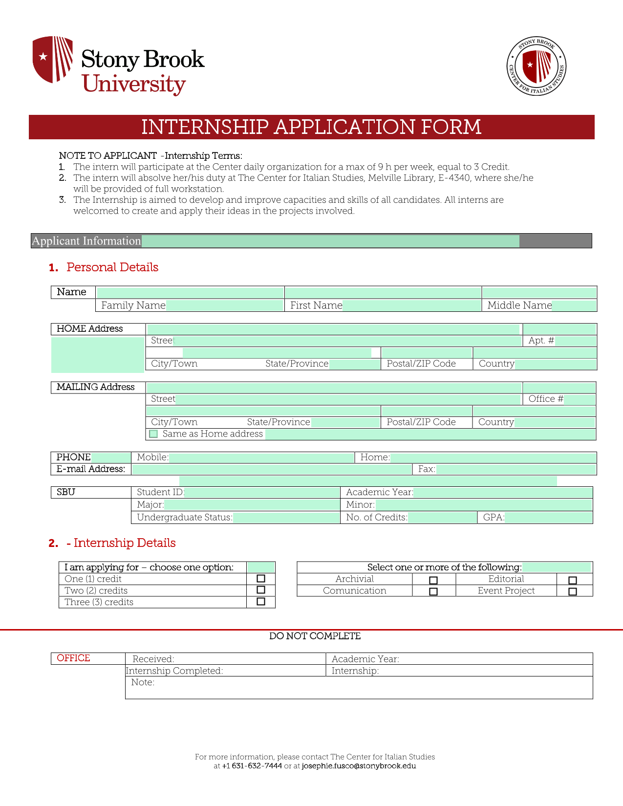 INTERNSHIP APPLICATION FORM screenshot