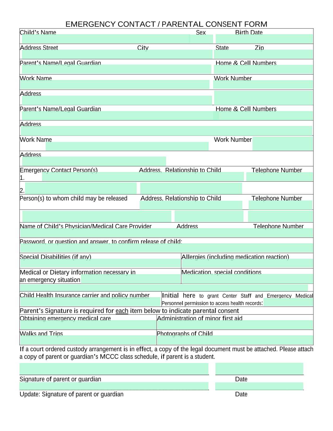 Emergency Contact  Parental Consent Form screenshot