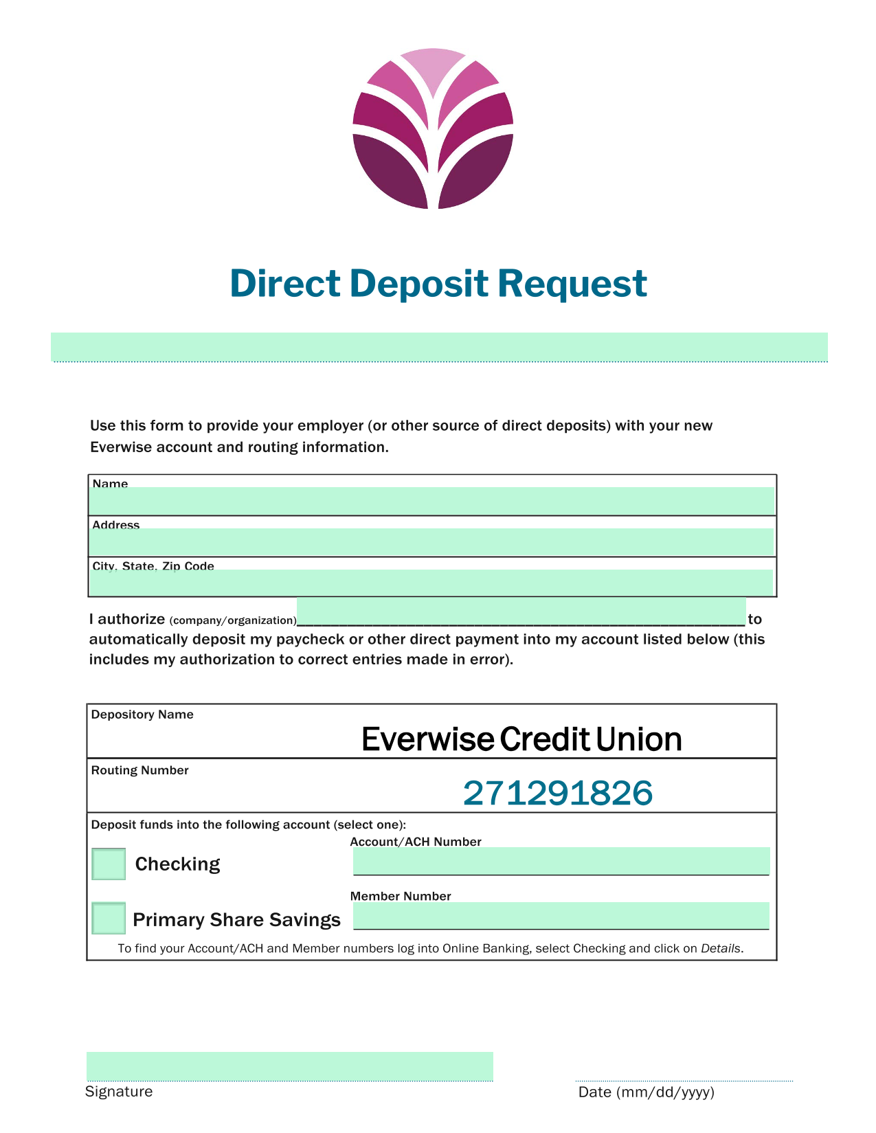 Direct Deposit Request screenshot