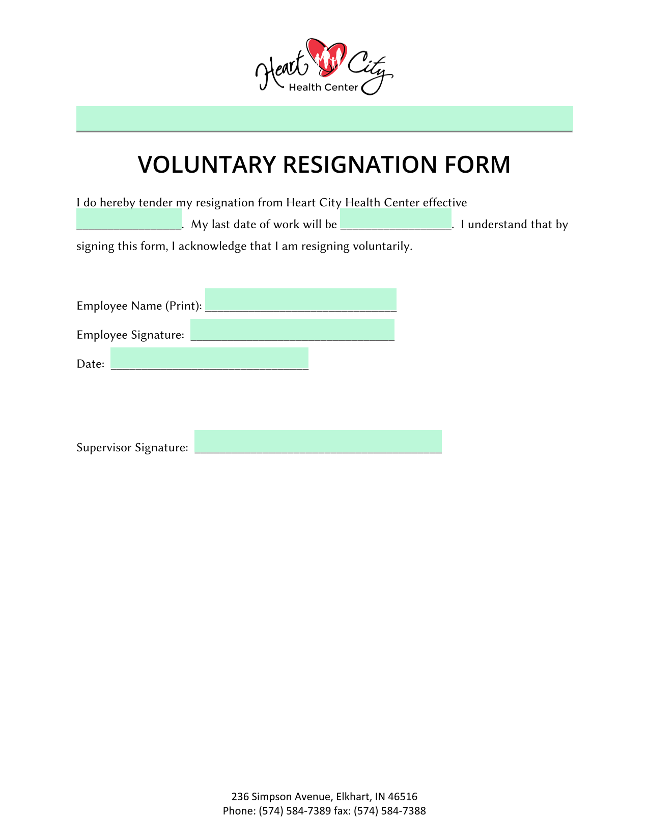 Voluntary Resignation Form screenshot