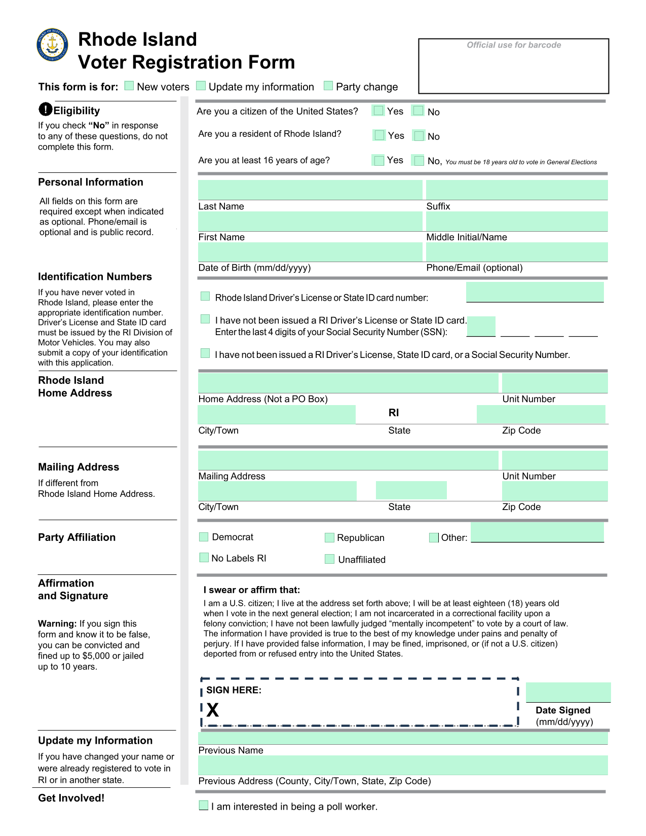 Rhode Island Voter Registration Form screenshot