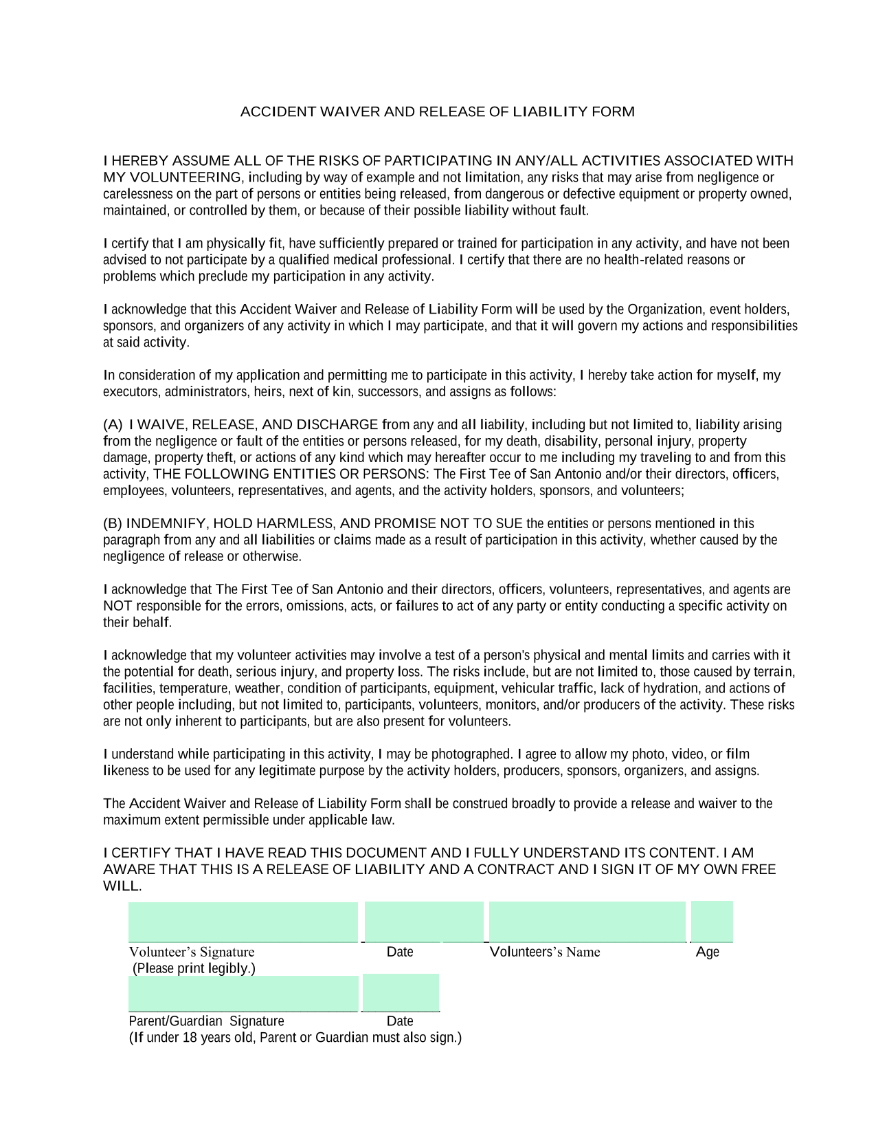 Accident Waiver And Release Of Liability Form screenshot