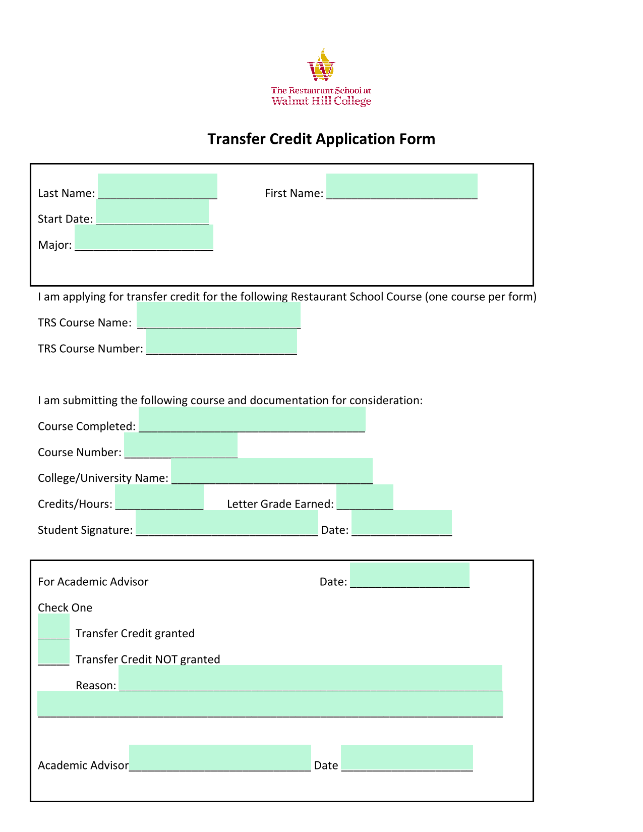 Transfer Credit Application Form screenshot