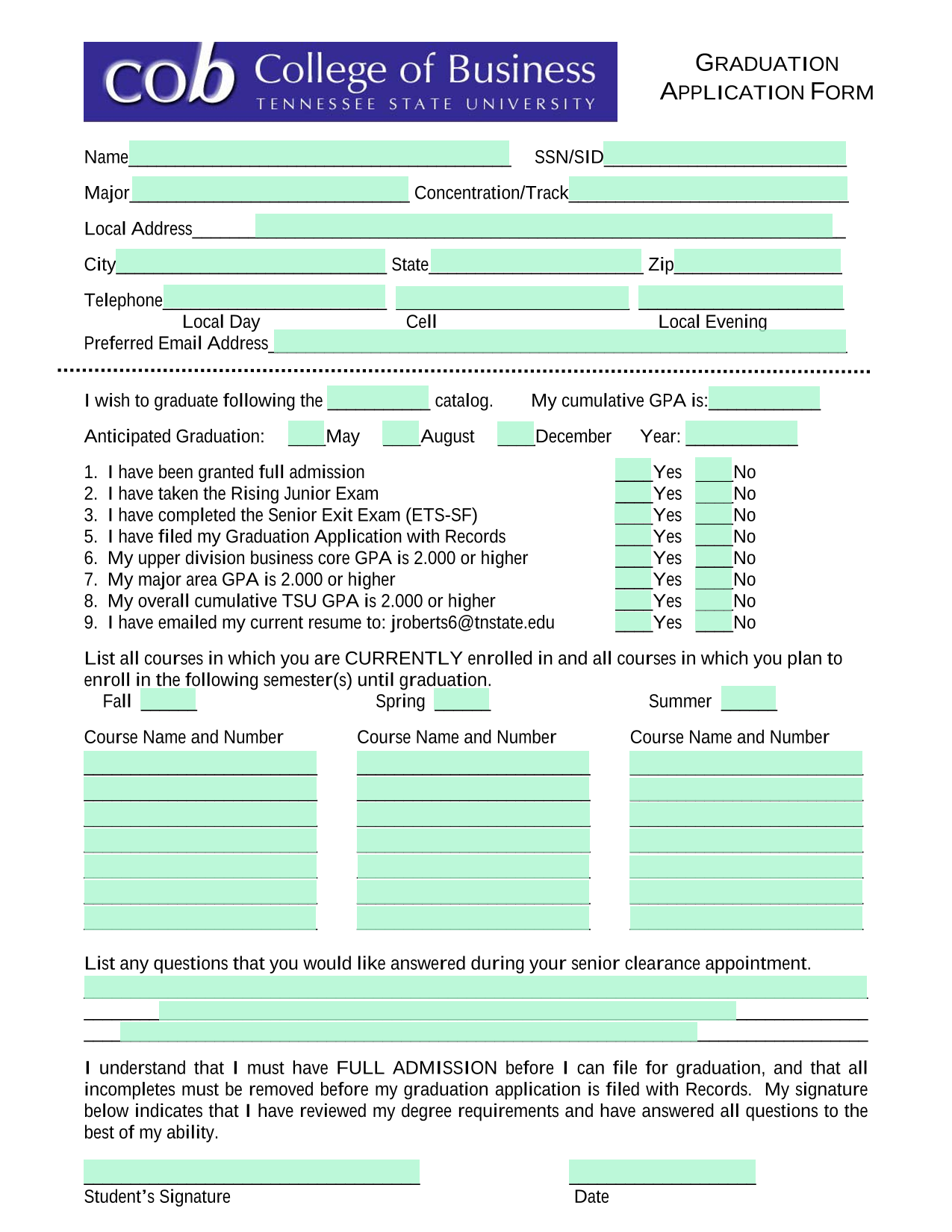 Graduation Application Form screenshot