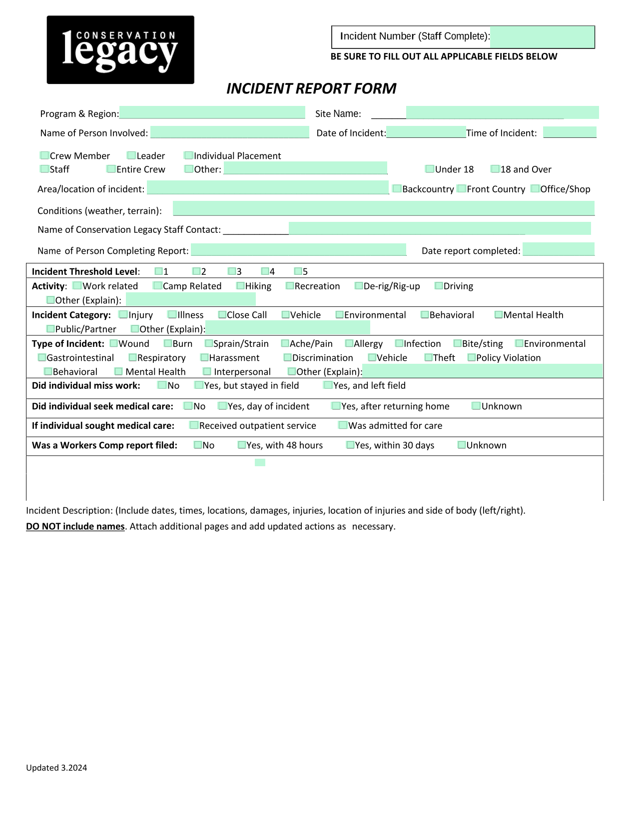 INCIDENT REPORT FORM screenshot