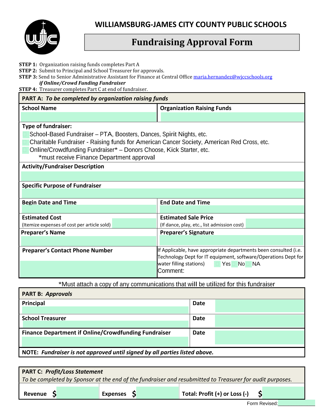 Fundraising Approval Form screenshot