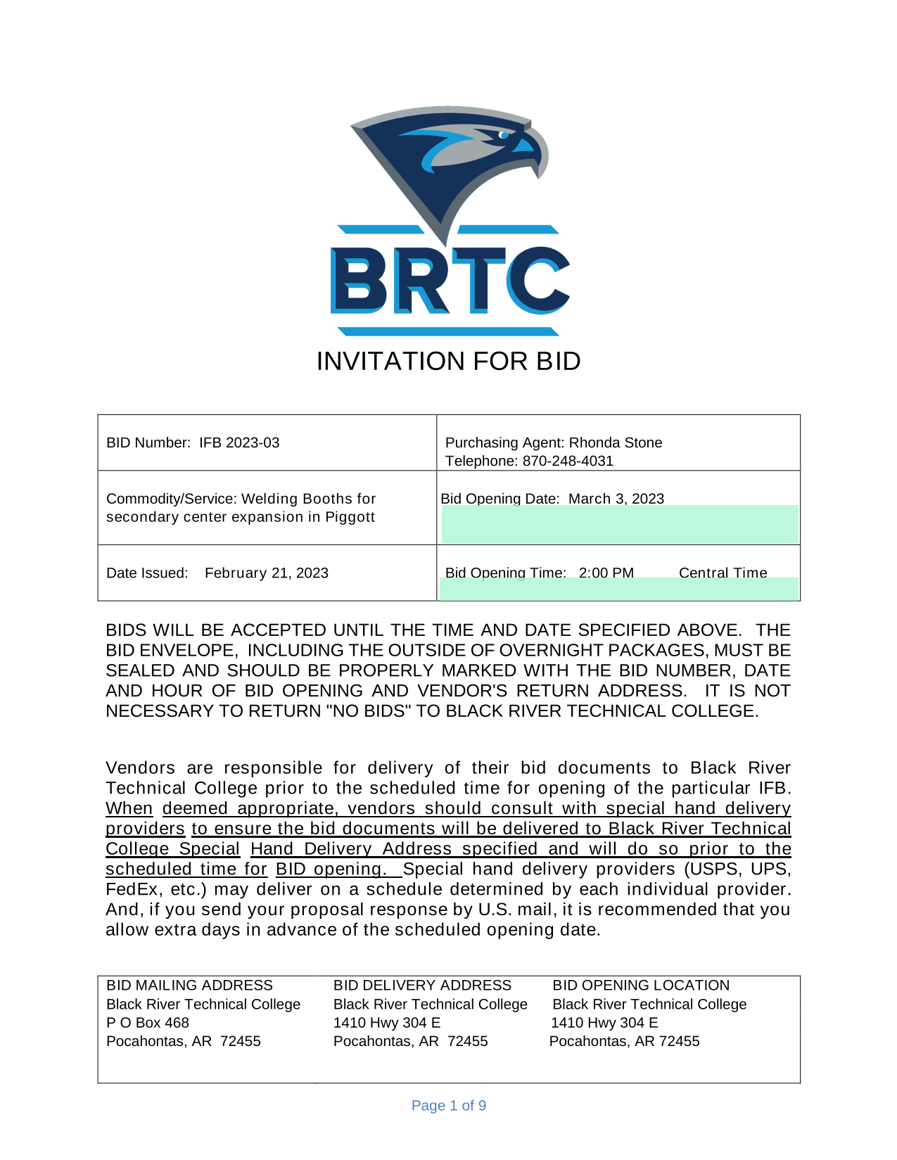 INVITATION FOR BID screenshot