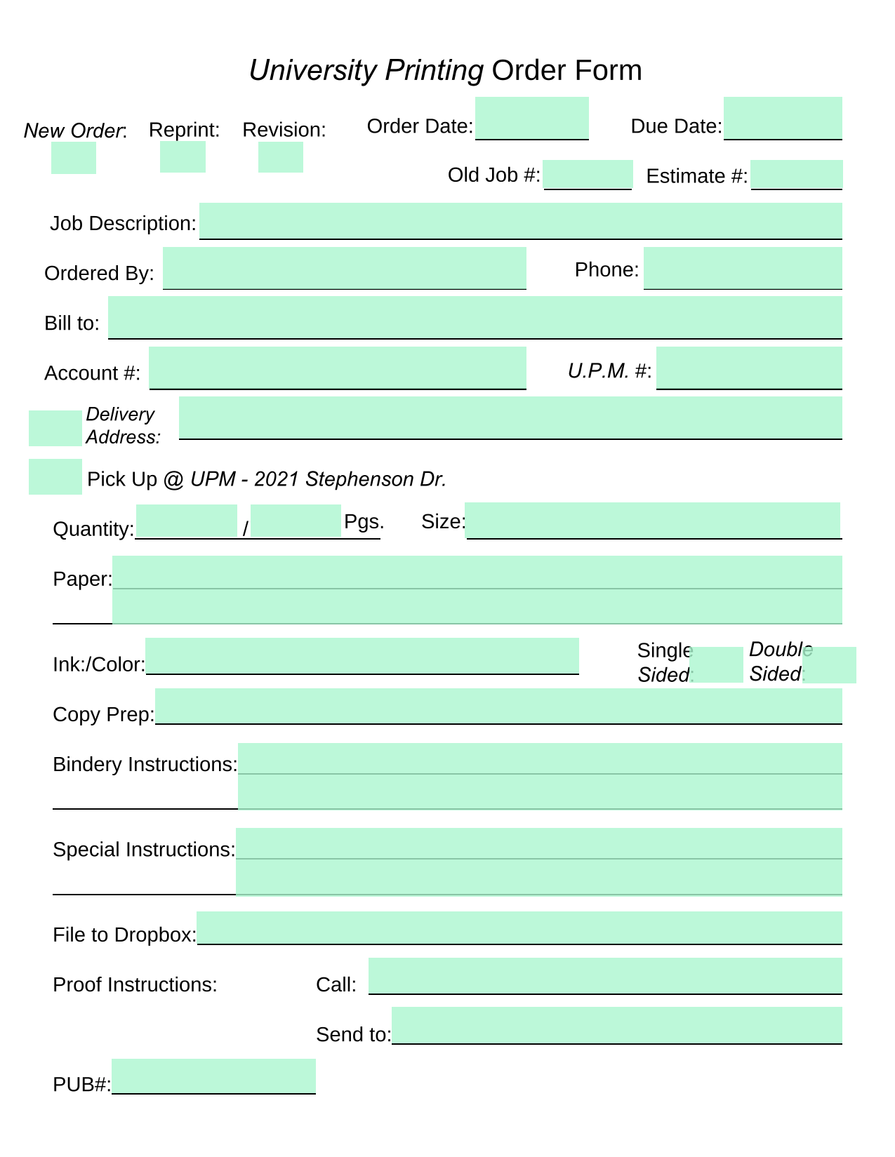University Printing Order Form screenshot