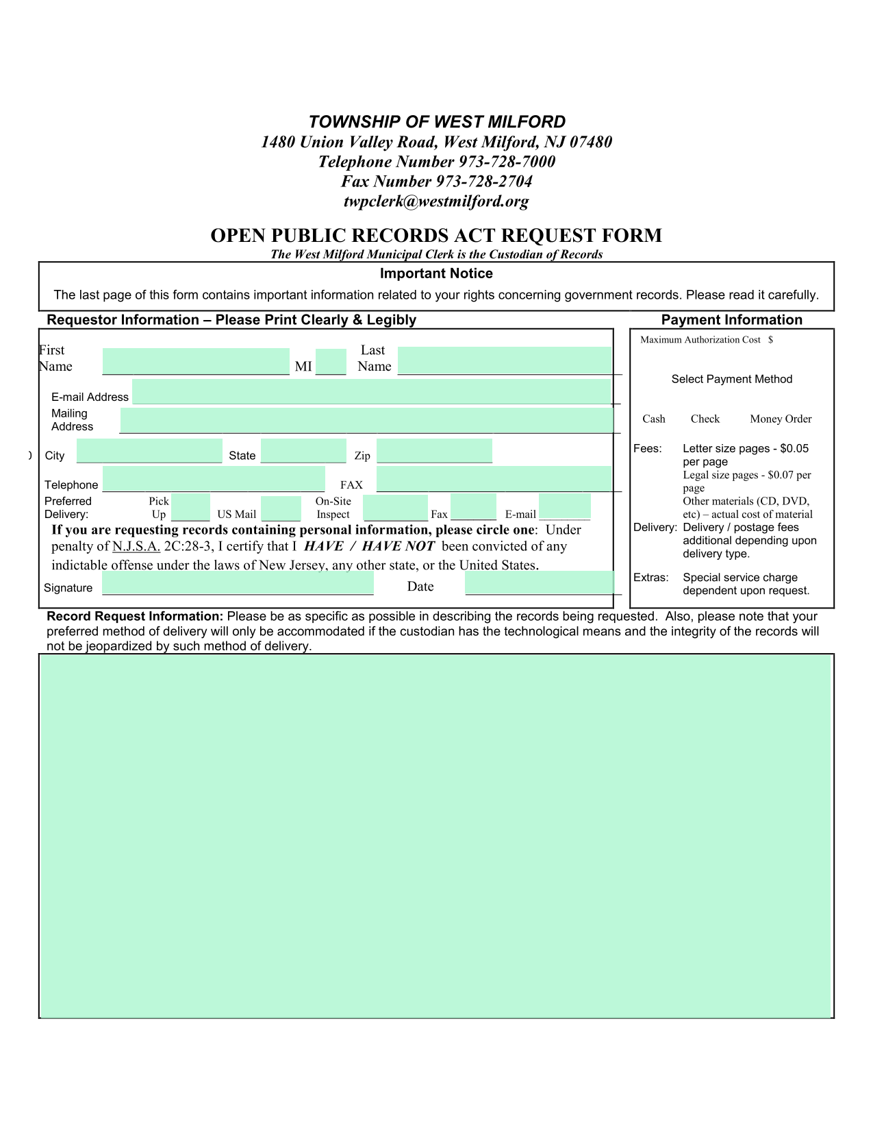 Open Public Records Act Request Form screenshot
