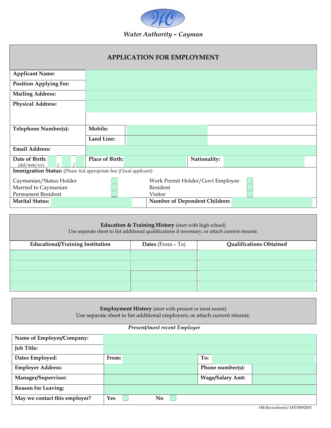 APPLICATION FOR EMPLOYMENT screenshot