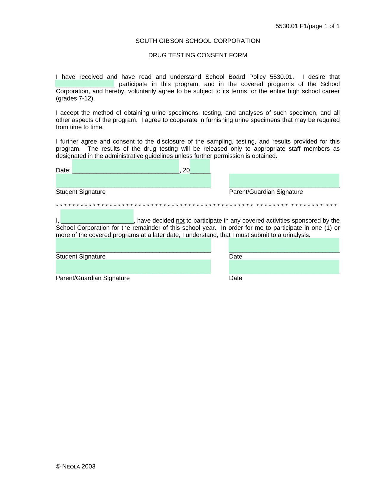 Drug Testing Consent Form screenshot