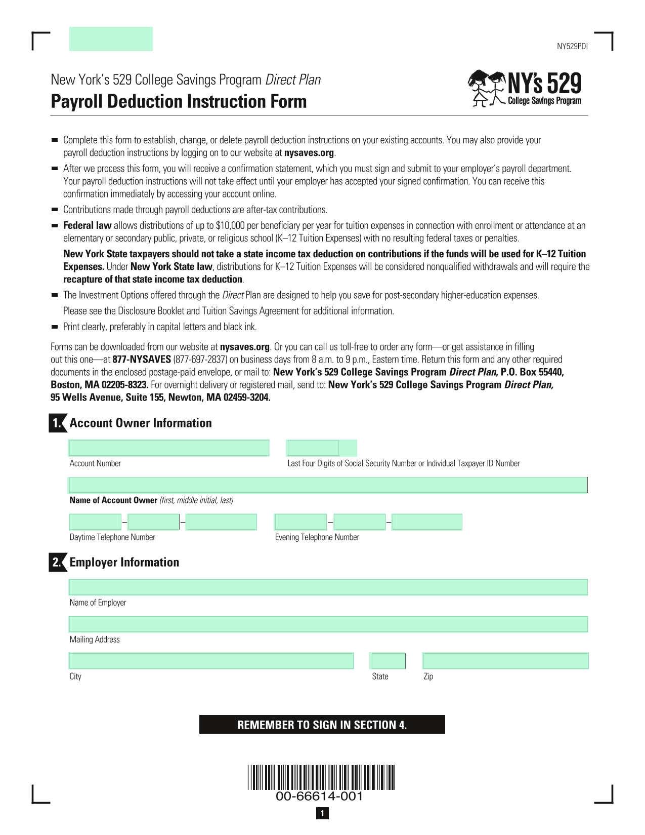 New YorkS 529 College Savings Program Direct Plan Payroll Deduction Instruction Form screenshot