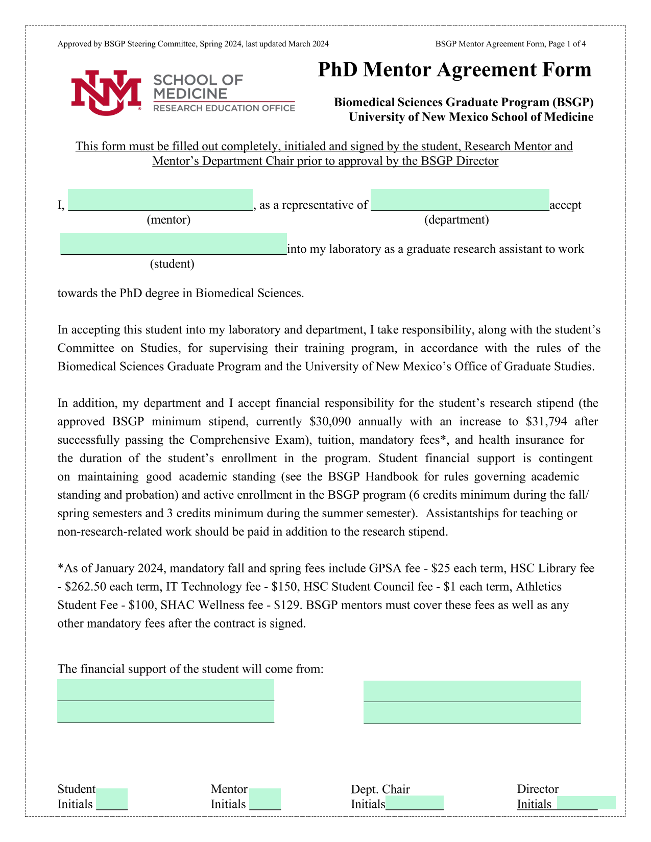 BSGP Mentor Agreement Form screenshot
