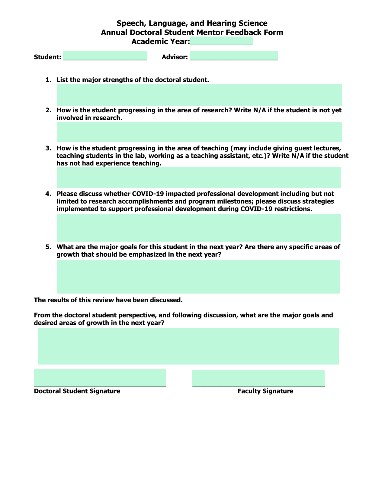 Annual Doctoral Student Mentor Feedback Form screenshot