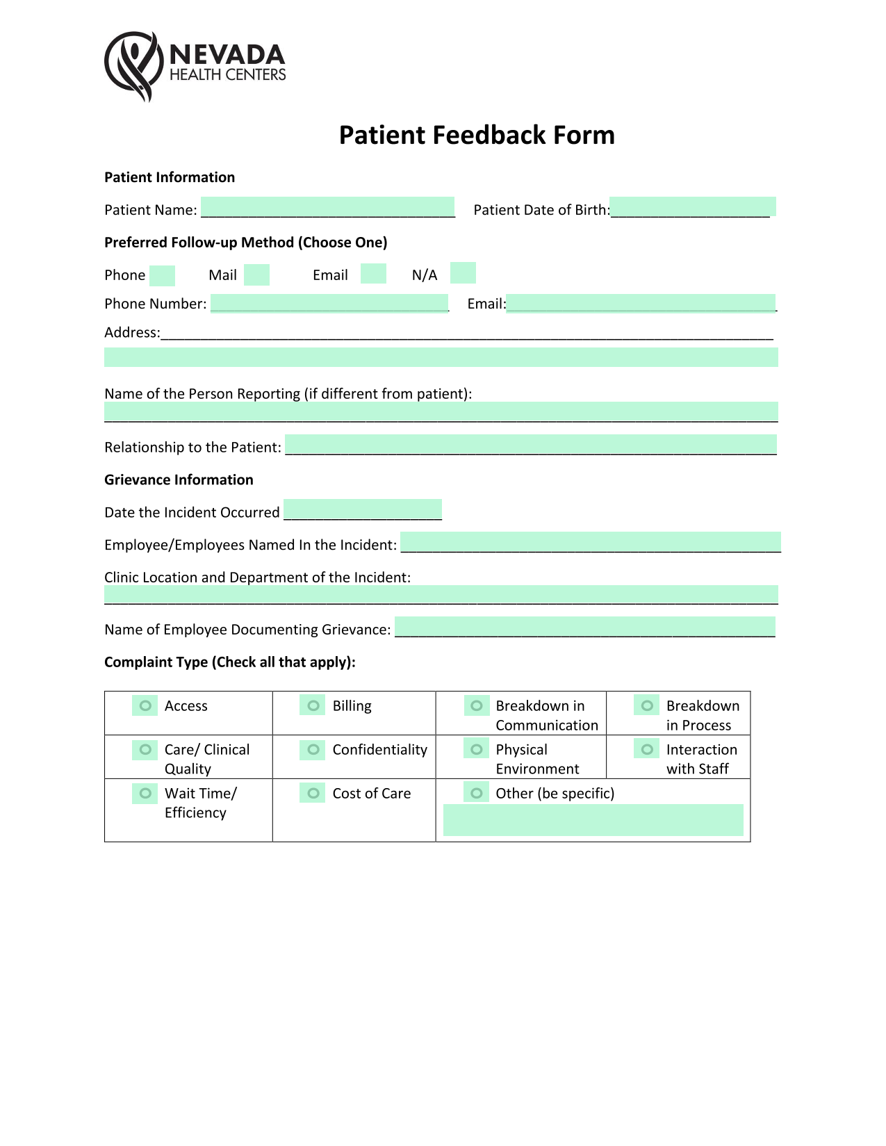 Patient Feedback Form screenshot