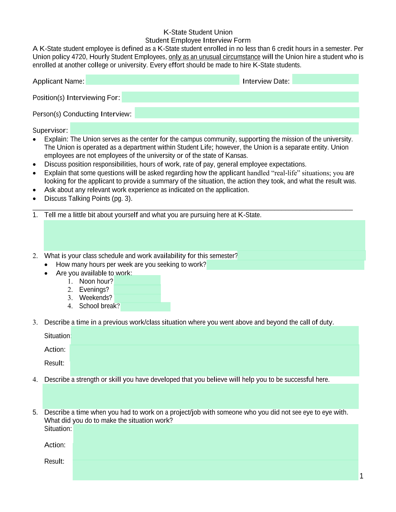 K State Student Union Student Employee Interview Form screenshot