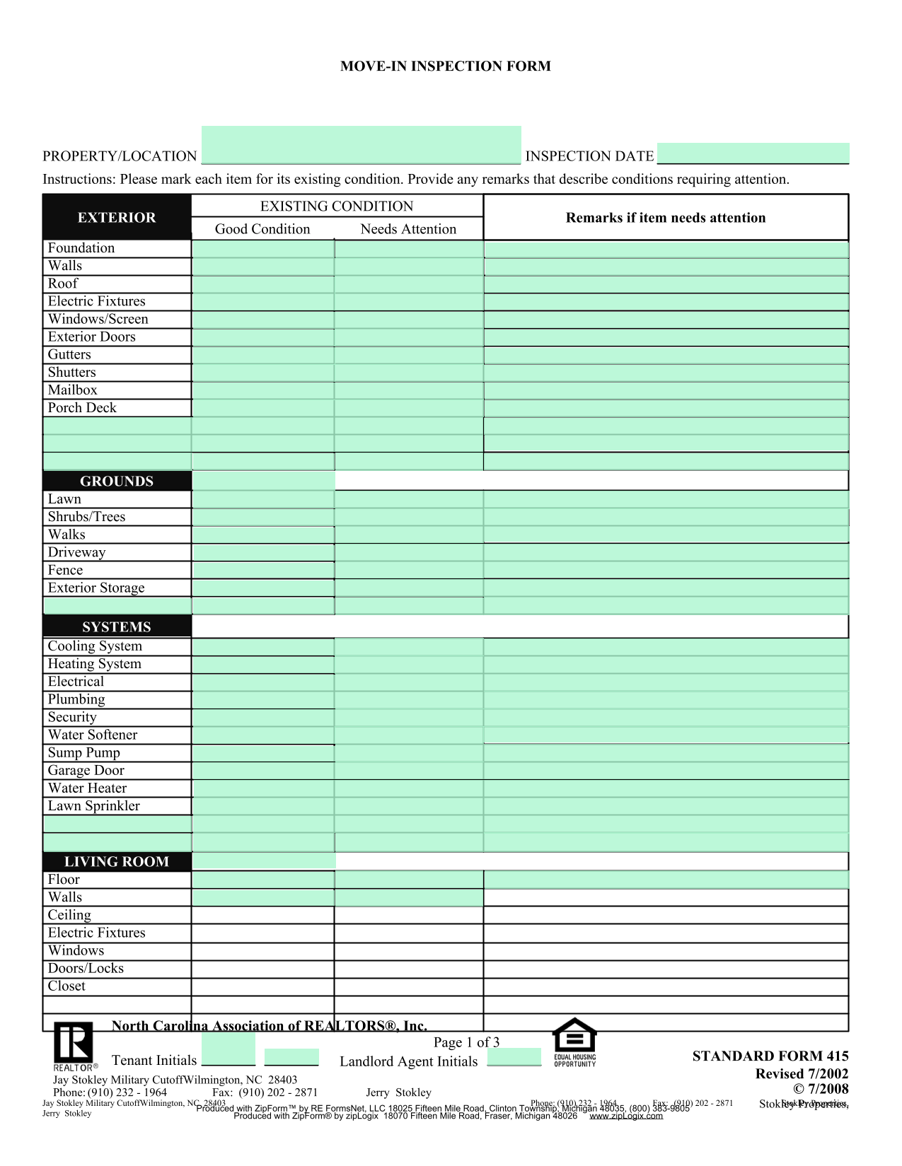 MOVE IN INSPECTION FORM screenshot