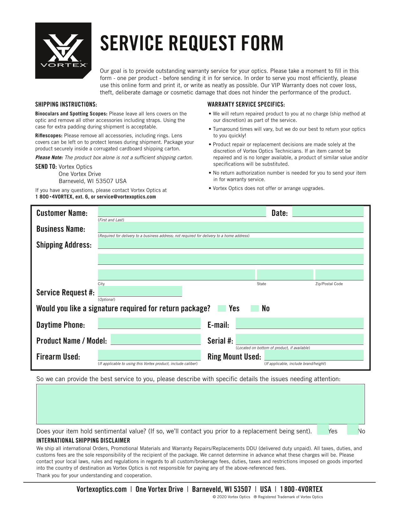 SERVICE REQUEST FORM screenshot