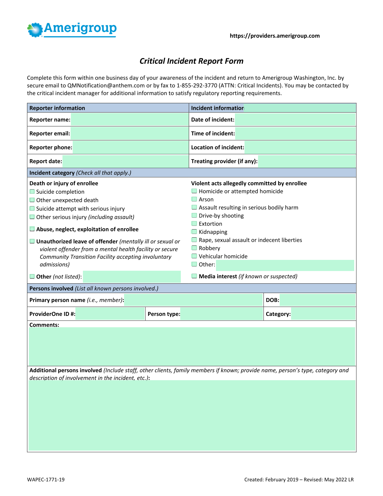 Critical Incident Report Form screenshot