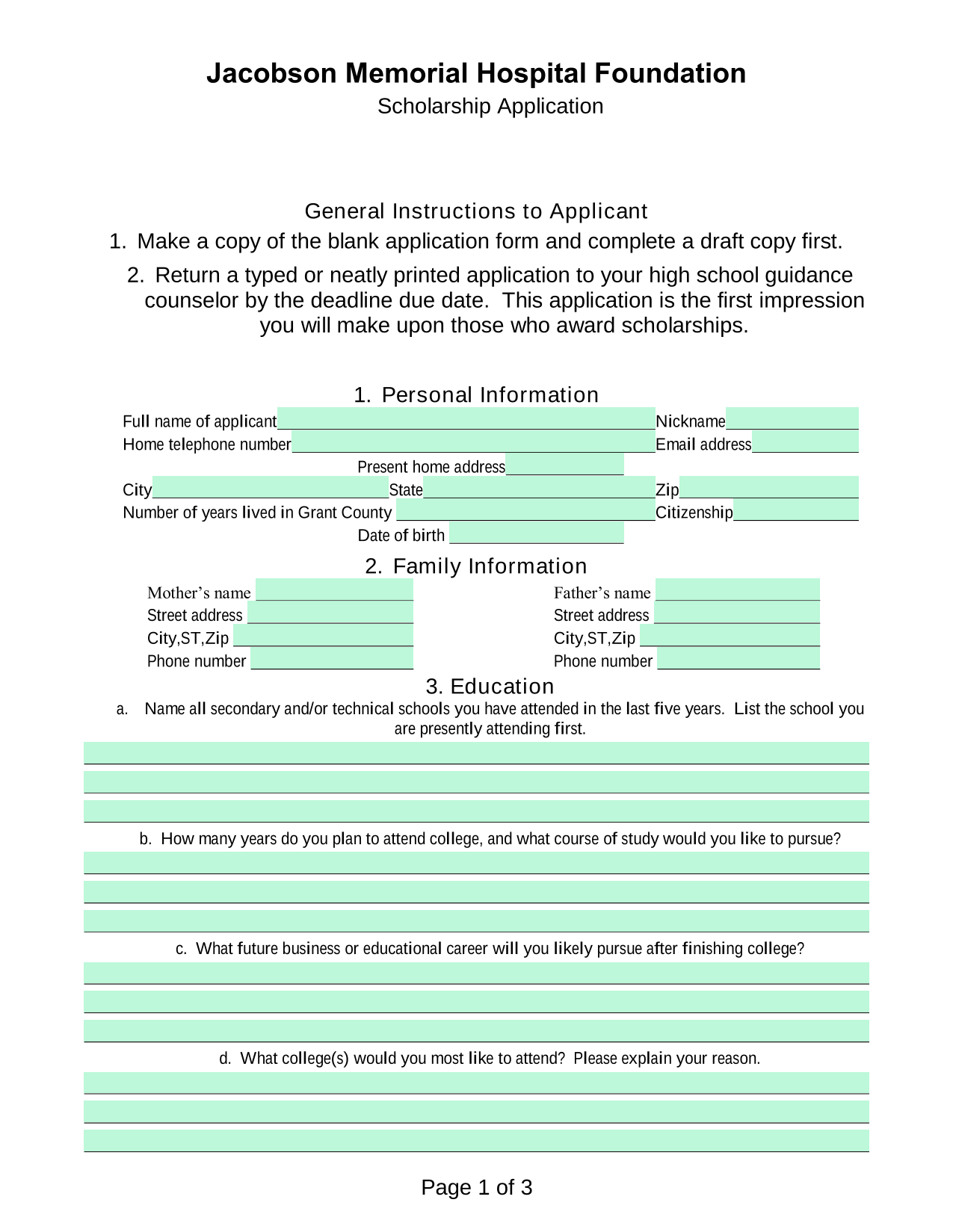 Jacobson Memorial Hospital Foundation Scholarship Application screenshot