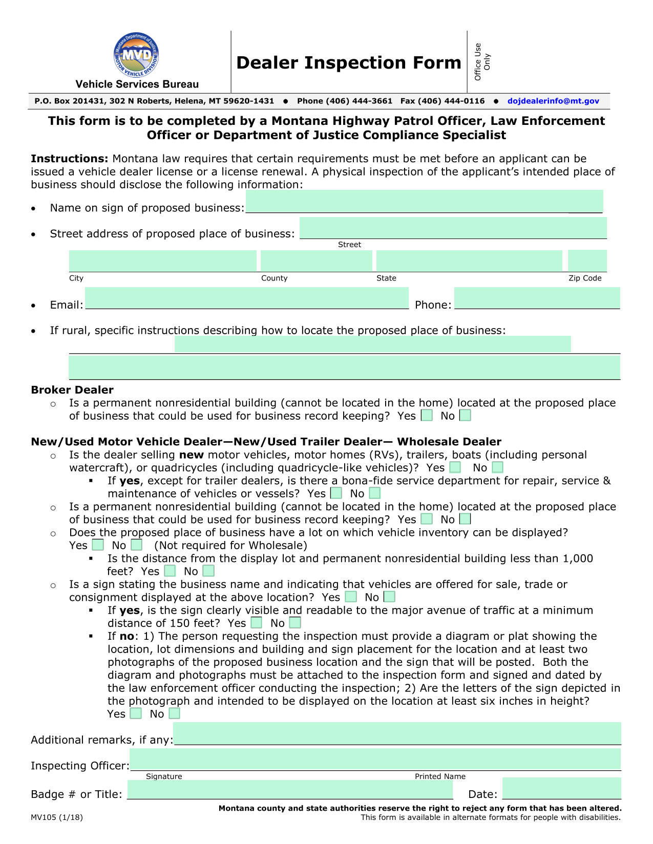 Dealer Inspection Form screenshot