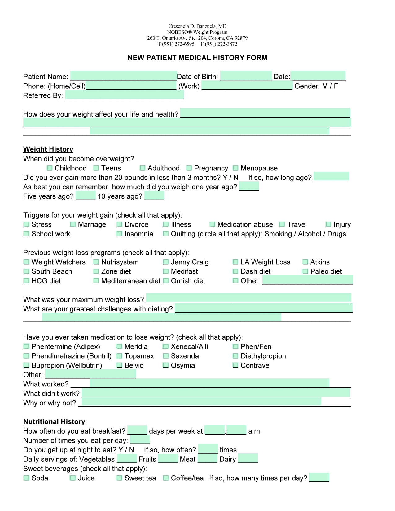 NEW PATIENT MEDICAL HISTORY FORM screenshot