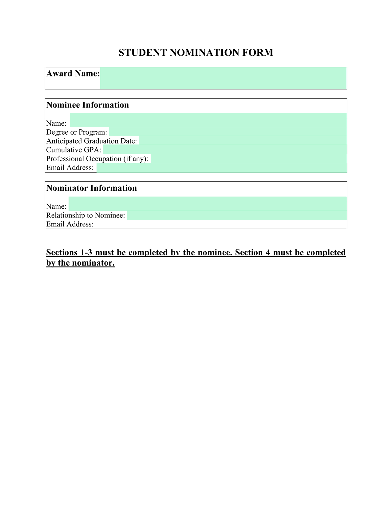 STUDENT NOMINATION FORM screenshot