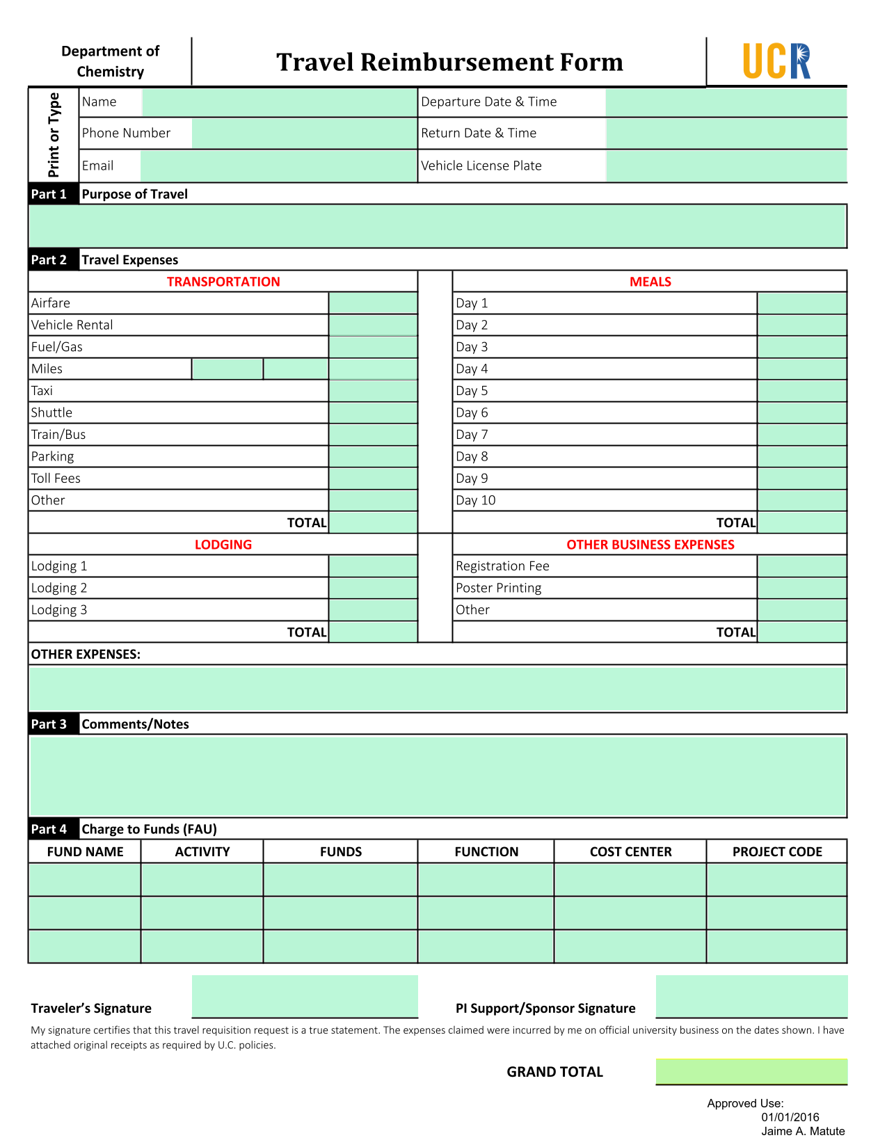 Travel Reimbursement Form screenshot