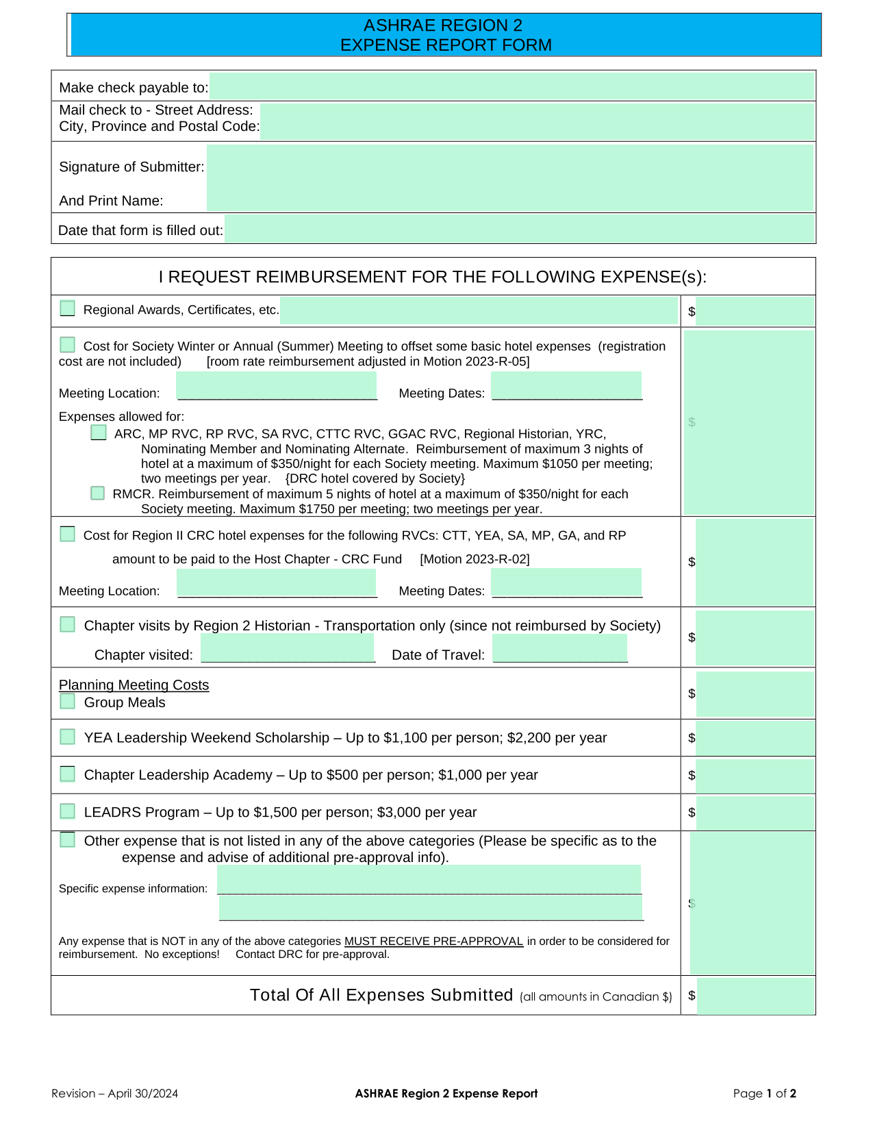 ASHRAE Region 2 Expense Report Form screenshot