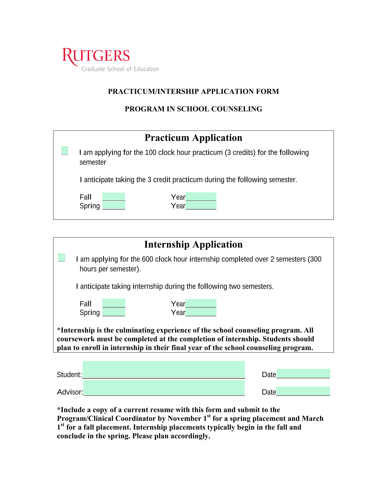 PracticumInternship Application Form screenshot