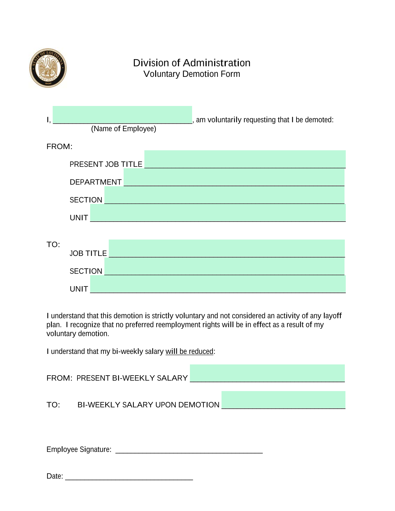Voluntary Demotion Form screenshot