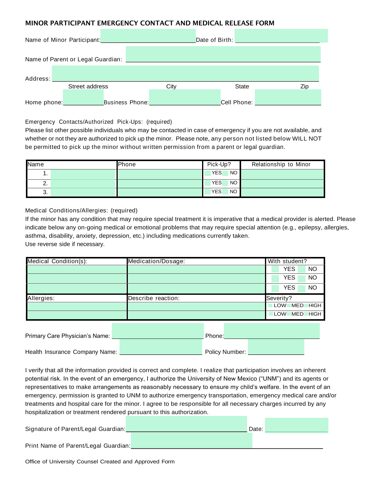 MINOR PARTICIPANT EMERGENCY CONTACT AND MEDICAL RELEASE FORM screenshot