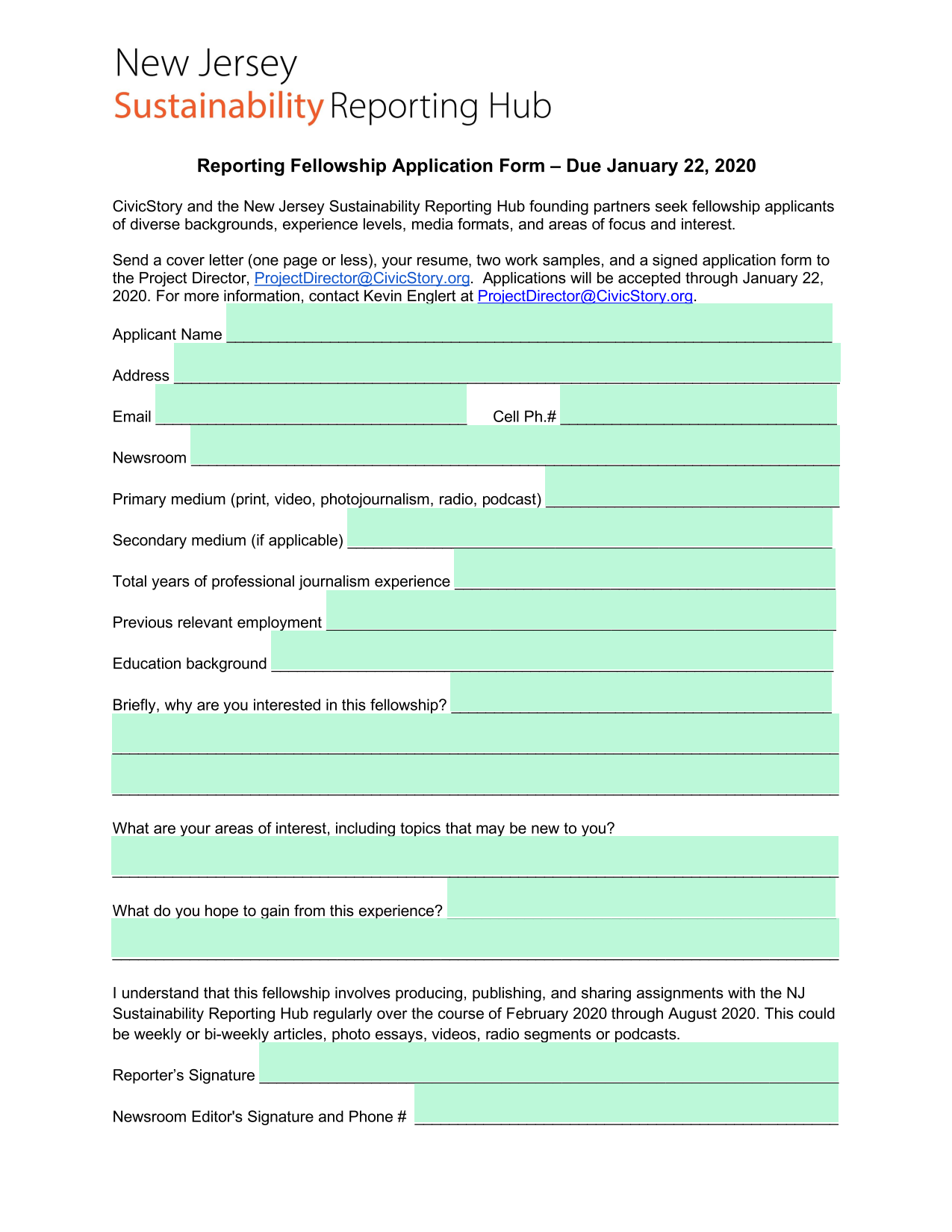 Reporting Fellowship Application Form screenshot
