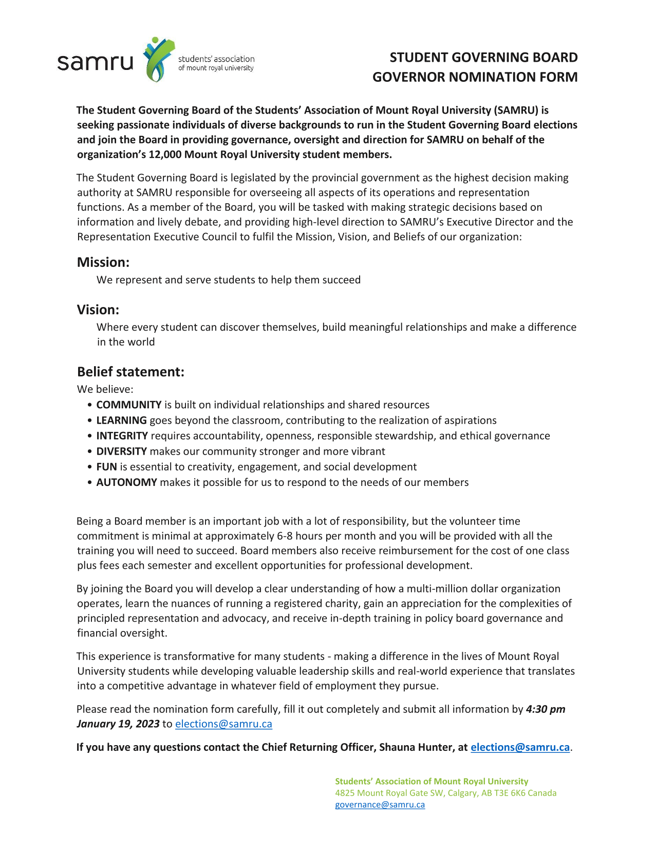 Student Governing Board Governor Nomination Form screenshot