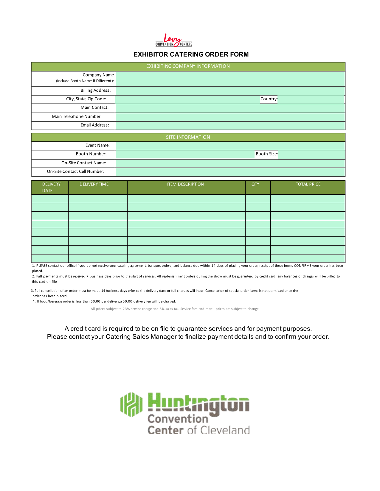 EXHIBITOR CATERING ORDER FORM screenshot