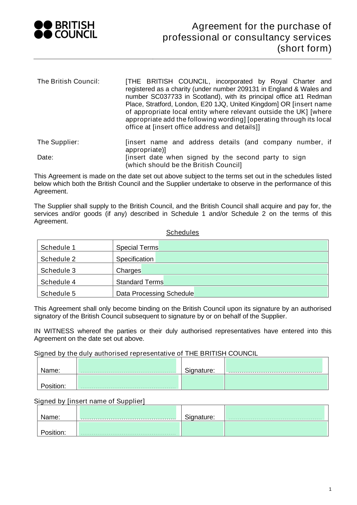 Agreement For The Purchase Of Professional Or Consultancy Services (Short Form) screenshot