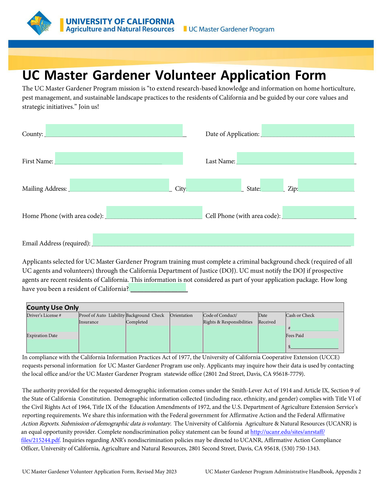 UC Master Gardener Volunteer Application Form screenshot