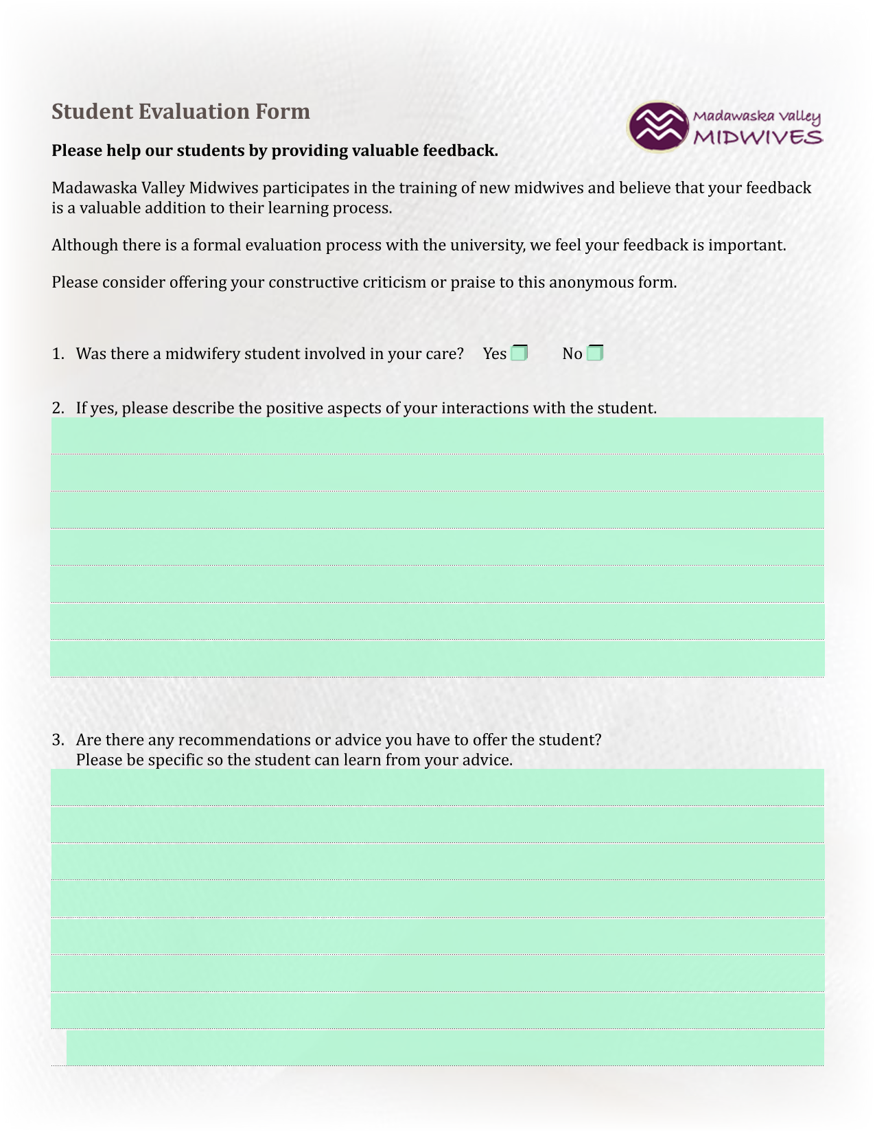Student Evaluation Form screenshot